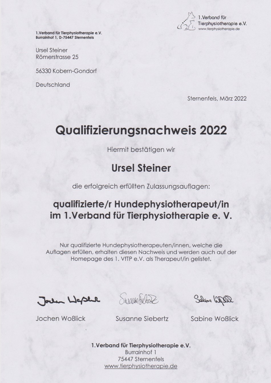 Hundephysiotherapie - Ursel Steiner-27 - Qualifizierungsnachweis 2019
